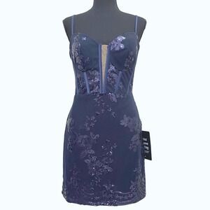 NEW Lulus Sakira Mini Dress Navy Mesh Sequin Lace Up Bustier Hoco Cocktail‎ XL
